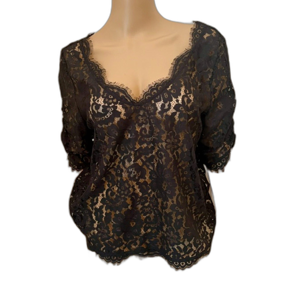 SZ L  JOIE 'Nevina' Scalloped Lace Eyelash Trim Short Sleeve Top Caviar Black